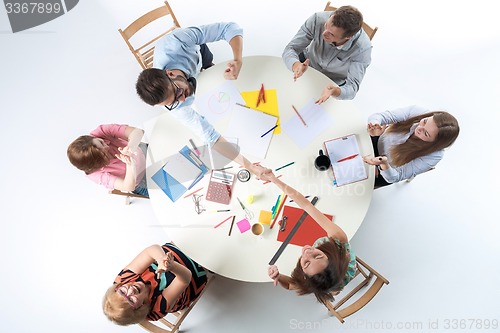 Image of Top view of business team on workspace background 