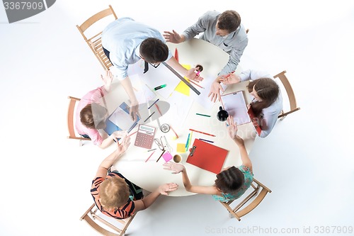 Image of Top view of business team on workspace background 