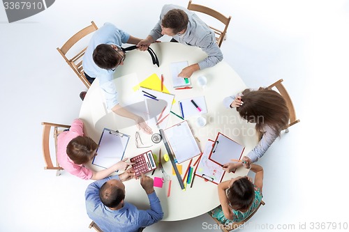 Image of Top view of business team on workspace background 