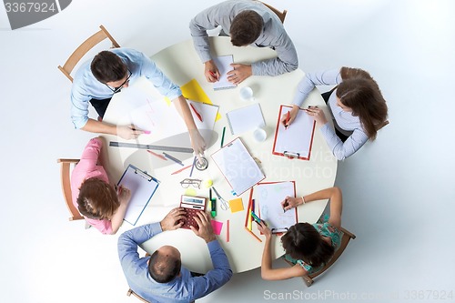 Image of Top view of business team on workspace background 