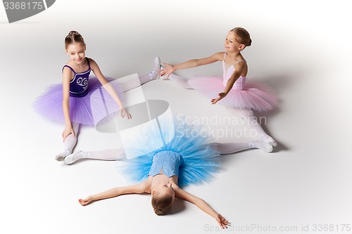 Image of Three little ballet girls sitting in tutu and posing together