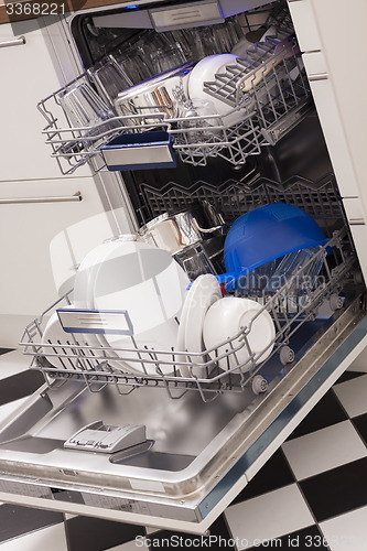 Image of Dishwasher loades in a kitchen with clean dishes