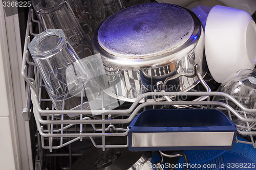 Image of Dishwasher loades in a kitchen with clean dishes