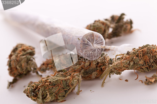 Image of Close up of dried marijuana leaves and joint