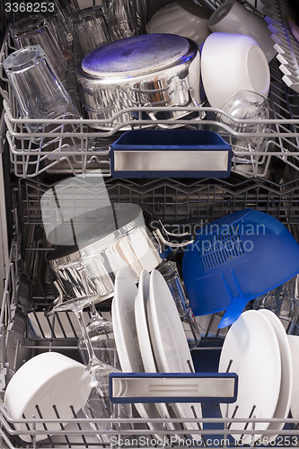 Image of Dishwasher loades in a kitchen with clean dishes