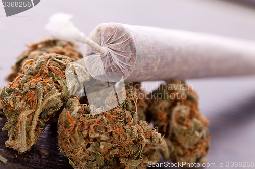 Image of Close up of dried marijuana leaves and joint