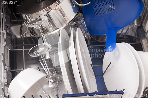 Image of Dishwasher loades in a kitchen with clean dishes