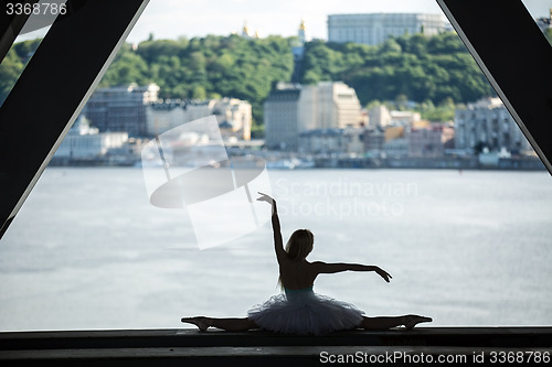 Image of Cropped picture legs of graceful ballerina in white tutu