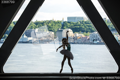 Image of Silhouette of graceful ballerina in white tutu