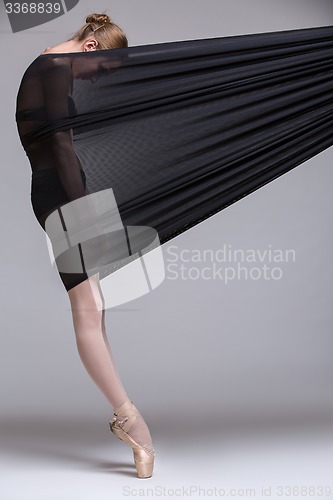 Image of Slim dancer plays with black mesh fabric