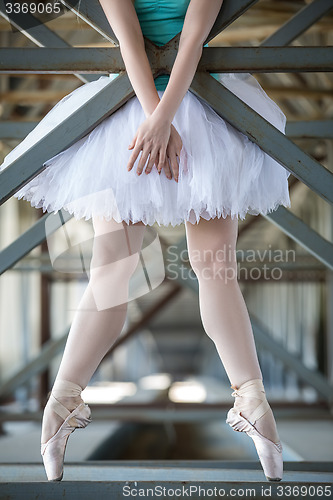 Image of Cropped picture legs of graceful ballerina in white tutu