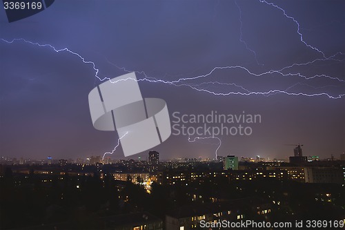 Image of lightning strikes over night town during a thunderstorm. Kiev, U