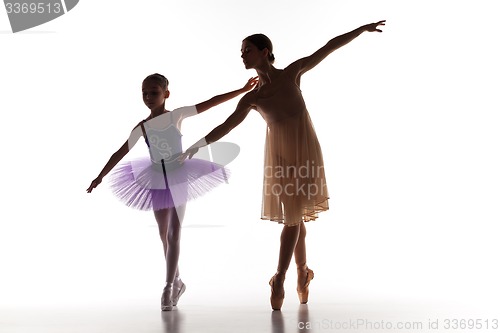 Image of The little ballerina dancing with personal ballet teacher in dance studio