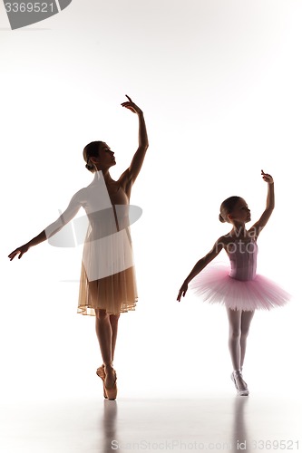 Image of The little ballerina dancing with personal ballet teacher in dance studio