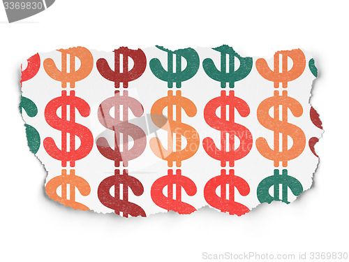 Image of Currency concept: Dollar icons on Torn Paper background