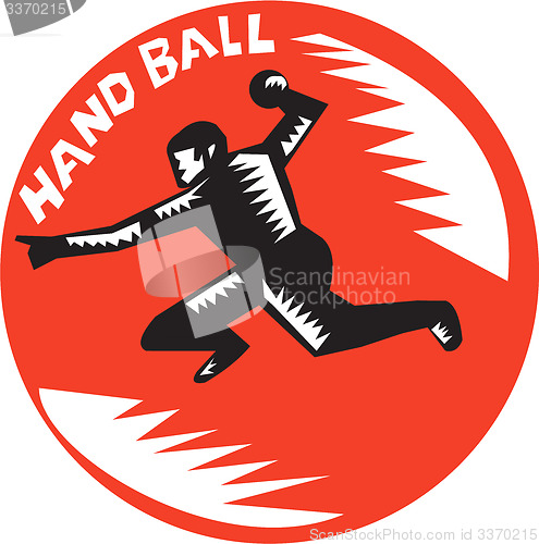 Image of Handball Player Jump Striking Circle Woodcut