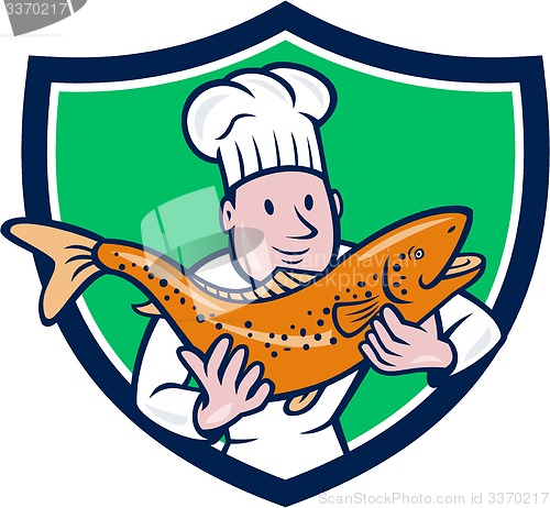 Image of Chef Cook Holding Trout Fish Shield Cartoon