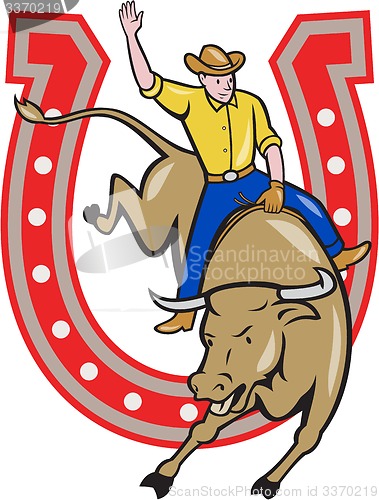 Image of Rodeo Cowboy Bull Riding Horseshoe Cartoon