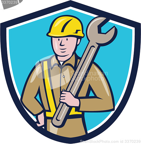 Image of Construction Worker Spanner Shield Cartoon