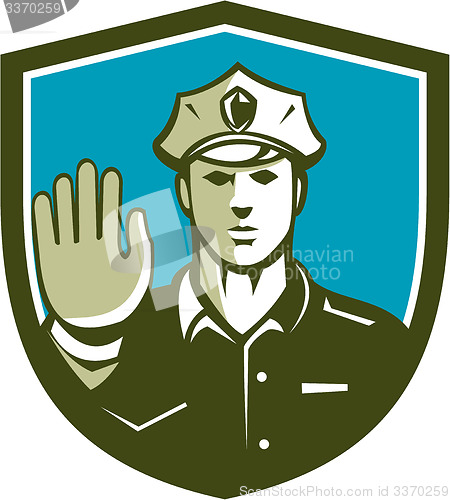 Image of Traffic Policeman Hand Stop Sign Shield Retro