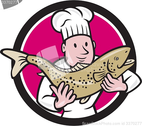 Image of Chef Cook Holding Trout Fish Circle Cartoon