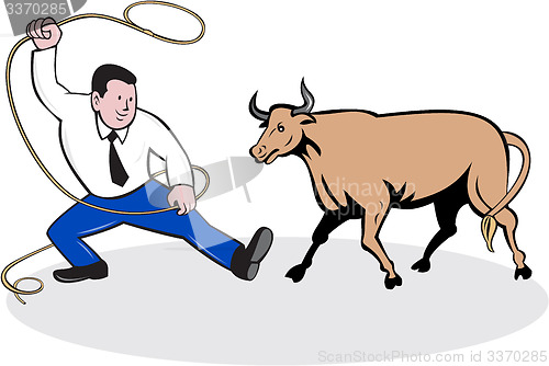 Image of Businessman Holding Lasso Bull Cartoon