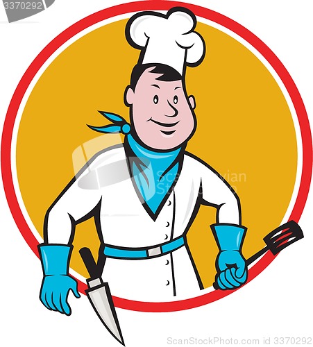 Image of Chef Cook Holding Spatula Knife Circle Cartoon 