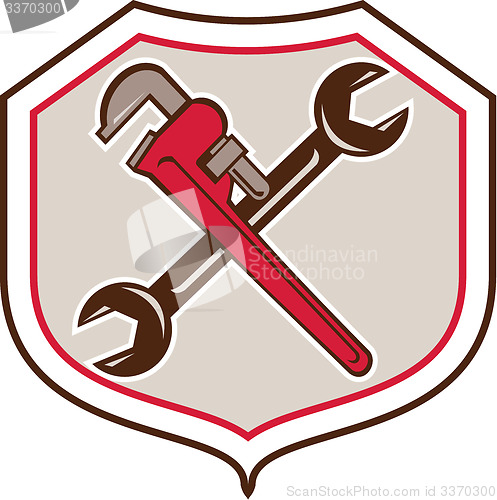Image of Pipe Wrench Spanner Crossed Shield Cartoon