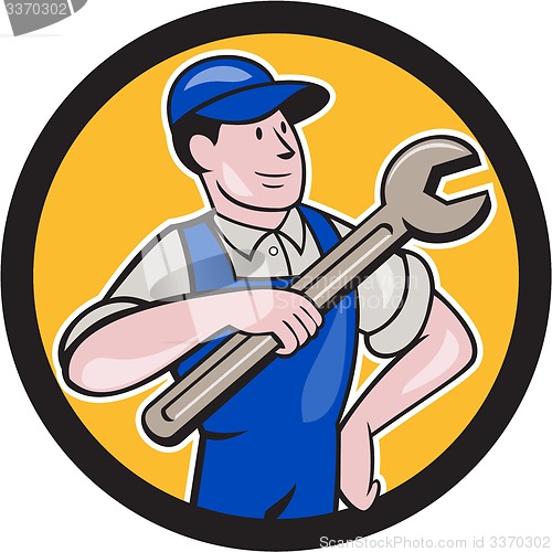 Image of Mechanic Pointing Spanner Wrench Circle Cartoon