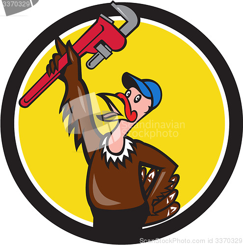 Image of Turkey Plumber Raising Wrench Circle Cartoon