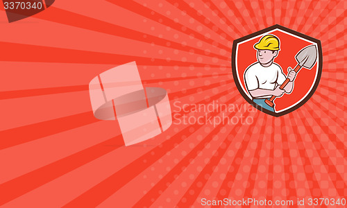 Image of Business card Builder Construction Worker Spade Shield Cartoon