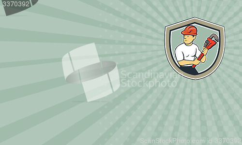 Image of Business card Plumber Holding Monkey Wrench Shield Cartoon