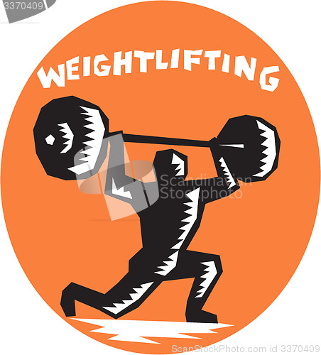 Image of Weightlifter Lifting Weights Oval Woodcut