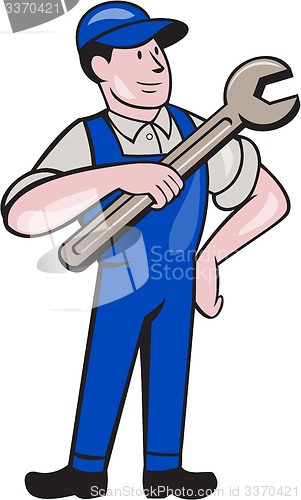 Image of Mechanic Pointing Spanner Wrench Isolated Cartoon