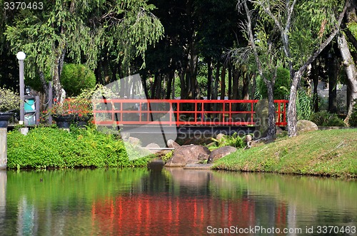 Image of Red bridge in Chinese Garden 