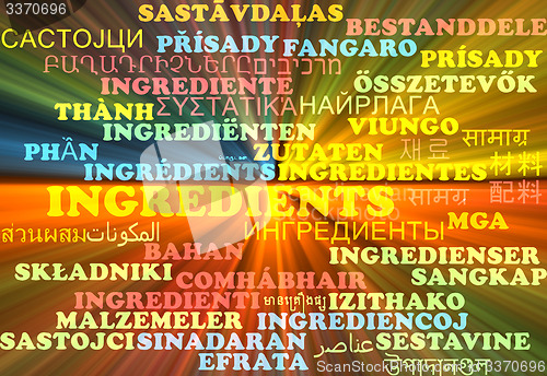 Image of Ingredients multilanguage wordcloud background concept glowing