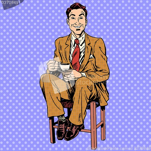 Image of Man drinking tea sitting on the stool