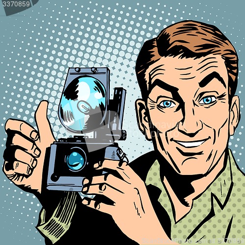 Image of Photographer with retro camera hand gesture all is well