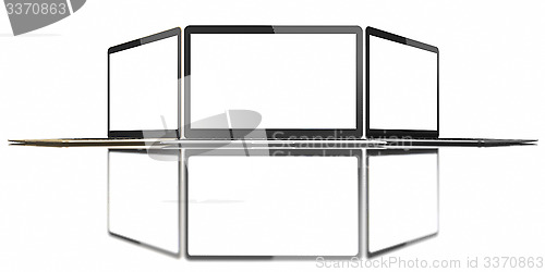 Image of Gold, Silver and Space Gray Laptop with blank white screen