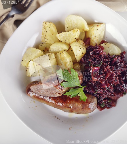 Image of Bratwurst with Red Cabbage and Potatoes