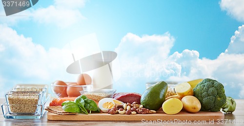 Image of close up of different natural food items on table