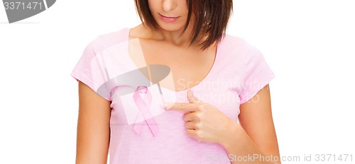 Image of woman with pink breast cancer awareness ribbon