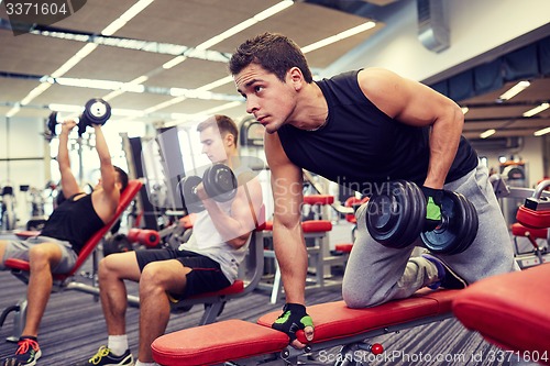 Image of group of men with dumbbells in gym