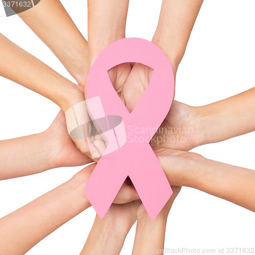 Image of close up of hands with cancer awareness symbol