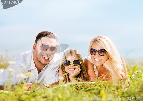 Image of happy family with blue sky and green grass