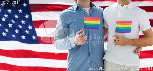 Image of close up of male gay couple holding rainbow flags