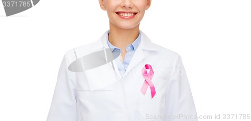 Image of female doctor with breast cancer awareness ribbon