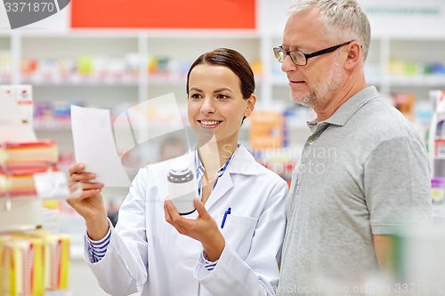 Image of pharmacist and senior man buying drug at pharmacy