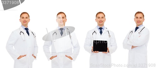 Image of happy doctors with tablet pc and stethoscope