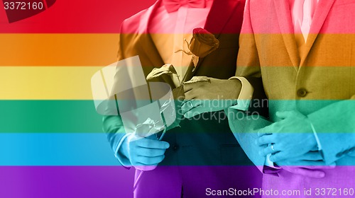 Image of close up of happy male gay couple holding hands